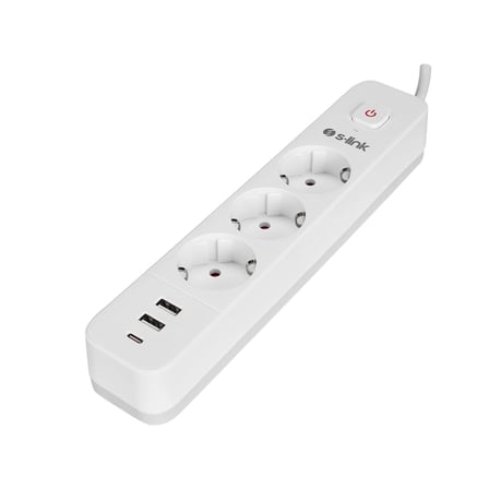 S-LINK SPG03TC 3 Soket Akım Korumalı Priz 1x Type-C 2xUSB 5V 4A 1.5Mt %100 Bakır 1mm Kablo 750 Joule (Beyaz)(1923)