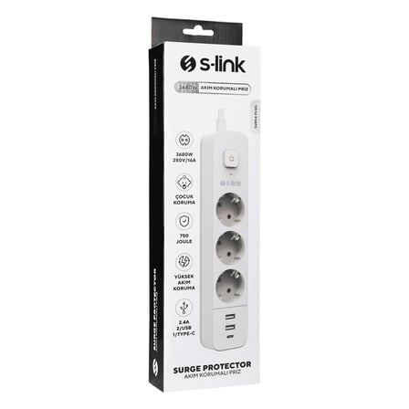 S-LINK SPG03TC 3 Soket Akım Korumalı Priz 1x Type-C 2xUSB 5V 4A 1.5Mt %100 Bakır 1mm Kablo 750 Joule (Beyaz)(1923)