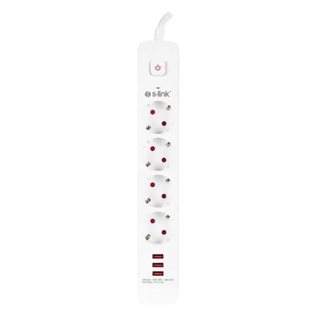 S-LINK SPG403U 4 Soket Akım Korumalı Priz 3xUSB 5V 2.4A 1.5Mt %100 Bakır 1.5mm Kablo 750 Joule (Beyaz)(1923)