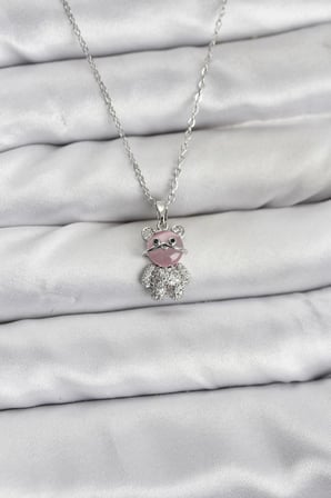316L Çelik Zincir Gümüş Renk Teddy Bear Model Zirkon Taşlı Kadın Kolye 5886