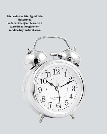 Alarmlı Dekoratif Yuvarlak Masa Saati Gümüş Renk Sessiz ve Işıklı