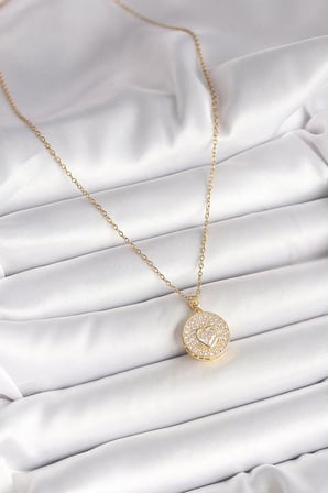 316L Çelik Gold Renk Zincir Madalyon Zirkon Taşlı Kalp Model Kadın Kolye 5886