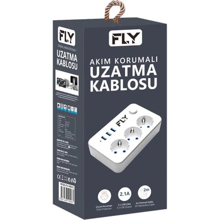 FLY 3406-01 3 Soket 3 USB Akım Korumalı Priz 2.1A Anahtarlı 2Mt Kablo (Beyaz)(1923)