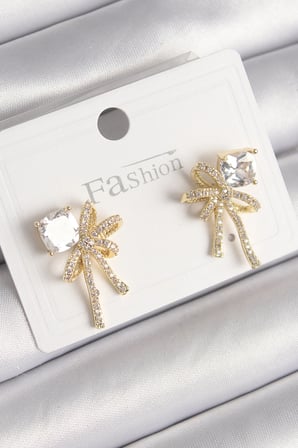Pirinç Gold Renk Zirkon Taşlı Kurdele Model Kadın Küpe 5886