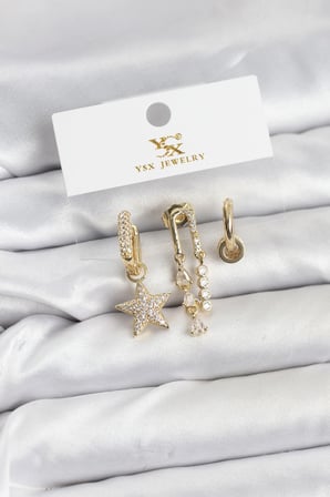 Pirinç Gold Renk Zirkon Taşlı Yıldız Vintage Model YSX Trio Küpe Seti 5886