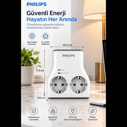 PHILIPS CHP7022W/62 2li Akım Korumalı Priz 1140 Joules (Beyaz)(1923)