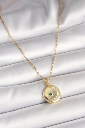 316L Çelik Gold Renk Zincir Zirkon Taş İşlemeli Hilal Yıldız İşlemeli Madalyon Model Kadın Kolye 5886