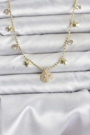 Pirinç Gold Renk Zirkon Taşlı Kutup Yıldızı Model Kadın Kolye 5886