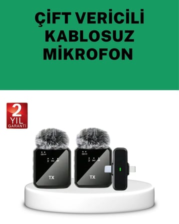 Canlı Yayın ve Video Çekimleri İçin Çiftli Kablosuz Yaka Mikrofon