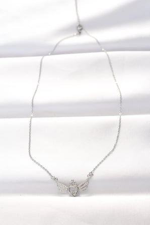 316L Çelik Silver Renk Zirkon Taşlı Kalpli Kanat Kolye 5886