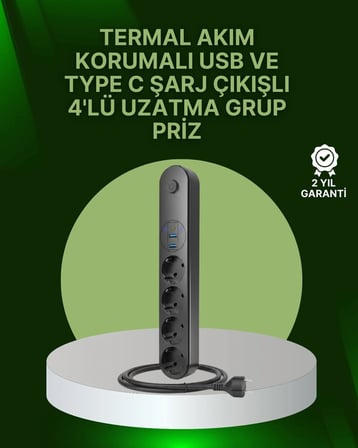 4 Priz 2 USB 1 Type-C Akım Korumalı Çoklu Priz Led Anahtarlı