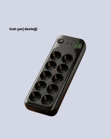Termal Akım Korumalı 10’lu Grup Priz USB Type-C Hızlı Şarj 2500W 2m Kablo