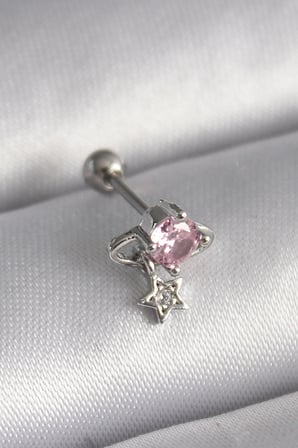 316L Çelik Gümüş Renk Pembe Zirkon Taşlı Sallantı Yıldız Detay Tragus Piercing 5886