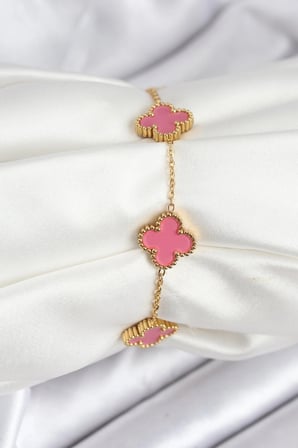 316L Çelik Gold Zincir Pembe Yonca Renk Bileklik 5886