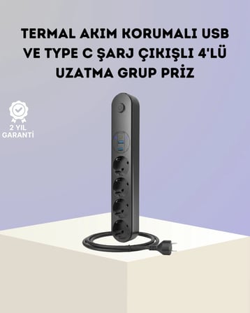 Akım Korumalı Çoklu Priz 4’lü 2 USB 1 Type-C 2500W Güçlü Tasarım