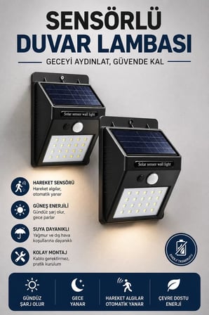 Solar Sensörlü Duvar Lambası Bahçe Lamba 20 Led Işık