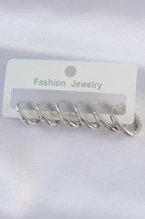 Pirinç Gümüş Renk Oval Küpe Seti 5886