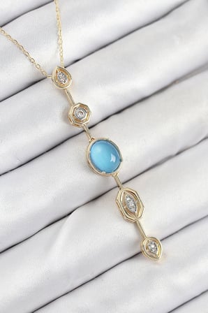 Pirinç Zincir Mavi Gold Renk Zirkon Taşlı Y Kolye 5886