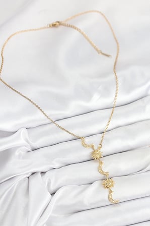316L Çelik Zirkon Taşlı Güneş Ve Ay Model Gold Renk Kadın Kolye 5886