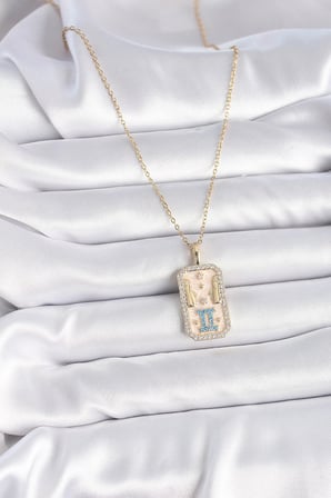 316L Çelik Gold Renk Zincir İkizler Burcu Zirkon Taşlı Kadın Kolye 5886
