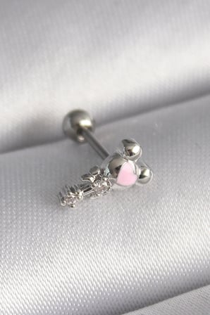 316L Çelik Gümüş Renk Zirkon Taş Detay Pembe Kalp İşleme Tragus Piercing 5886