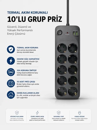 Termal Akım Korumalı USB Type-C Girişli 10'lu Grup Priz 2500W Güç Kapasitesi (Kopya)