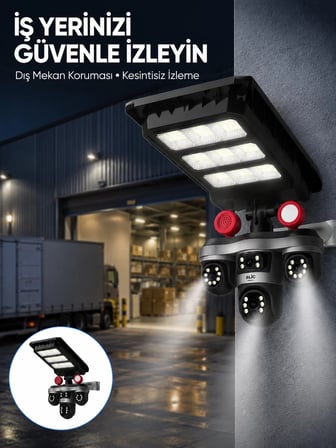 Solar Panelli 3 Lens Dış Mekan Güvenlik Kamerası Hareket Algılamalı LED Aydınlatmalı