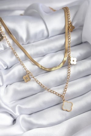 316L Çelik Gold Renk 2'li İtalyan Zincir Model Beyaz Yonca Figür Kadın Kolye 5886