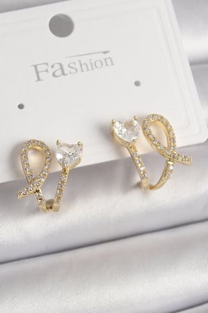 Pirinç Gold Renk Düğüm Model Zirkon Taşlı Kalp Detay Kadın Küpe 5886