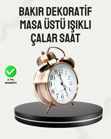 Nostaljik Büyük Boy Metal Masa Saati Bronz Kaplama ve Yüksek Sesli Alarm