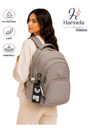 Su Geçirmez Kumaş Çok Bölmeli Okul Çantası Unisex Okul Sırt Çantası Vizon 34600