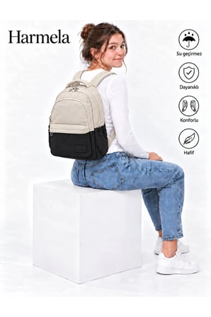 2200 Okul Sırt Çntası Suya Dayanıklı Unisex Günlü & Okul Çantası Bej-Siyah