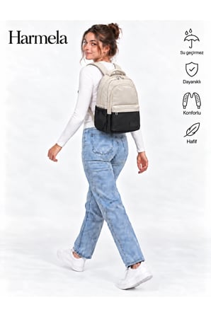 2200 Okul Sırt Çntası Suya Dayanıklı Unisex Günlü & Okul Çantası Bej-Siyah