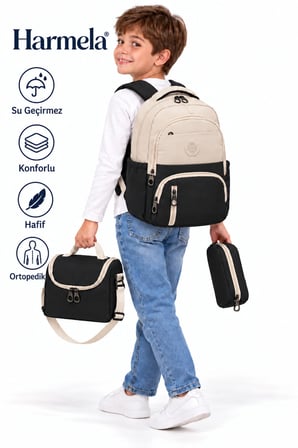 8010 Bej Siyah ilk Okul Çantası 3'lü Set Unisex Çocuk ilkokul Sırt Çantası