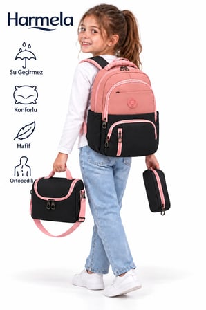 8010 Pudra Siyah ilk Okul Çantası 3'lü Set Unisex Çocuk ilkokul Sırt Çantası