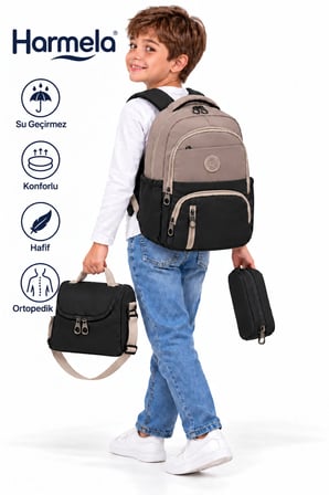 ilk Okul Çantası 3'lü Seti Unisex Çocuk ilkokul Çantası Hrm-8010 Vizon-Siyah