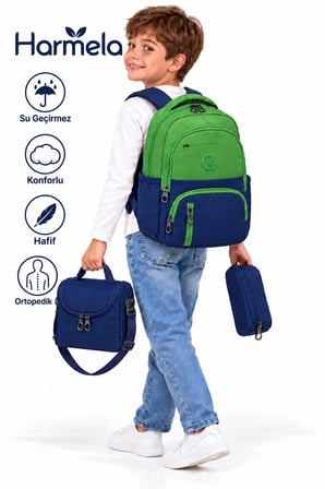 ilk Okul Çantası 3'lü Seti Unisex Çocuk ilkokul Çantası Hrm-8010 Yeşil-Lacivert