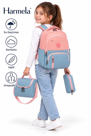 ilk Okul Çantası 3'lü Seti Unisex Çocuk ilkokul Çantası 8010 Lila-Bej
