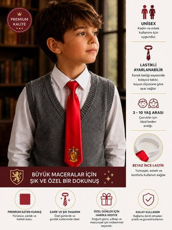 Harry Potter Gryffindor Kravat Kırmızı Renk Ayarlanabilir Lastikli 3-10 Yaş Unisex Çocuk Kravatı