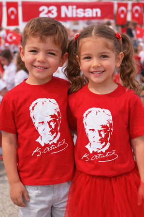 Unisex Çocuk Atatürk İmzalı Tişört Kırmızı – 23 Nisan Okul Gösterisi 3-14 Yaş