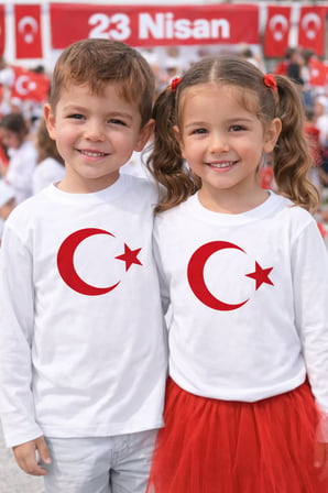 Ay Yıldız Baskılı Uzun Kollu Beyaz Çocuk Tişört – 23 Nisan Okul Gösterisi 3-14 Yaş