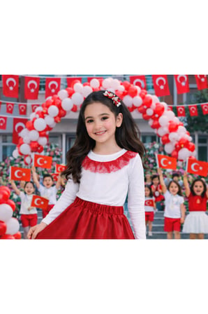 Kız Çocuk Beyaz Uzun Kollu Body Kırmızı Fırfır Detaylı – Okul Etkinlik ve Bayram Tişörtü 3-14 Yaş