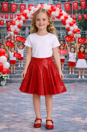 Kız Çocuk Kırmızı Deri Etek Kloş Model – Okul ve Bayram Etkinlik Eteği 5-13 Yaş