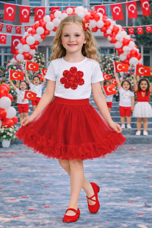 Kız Çocuk Kırmızı Çiçek Figürlü Beyaz Body – Okul ve Bayram Etkinlik 3-14 Yaş