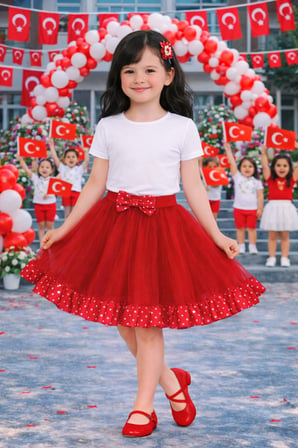 Kız Çocuk Kırmızı Saten Puantiyeli Tül Etek – Okul ve Bayram Etkinlik 5-13 Yaş
