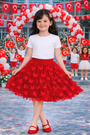 Kız Çocuk Kırmızı Kelebek Detaylı Tül Etek – Okul ve Bayram Etkinlik 5-13 Yaş