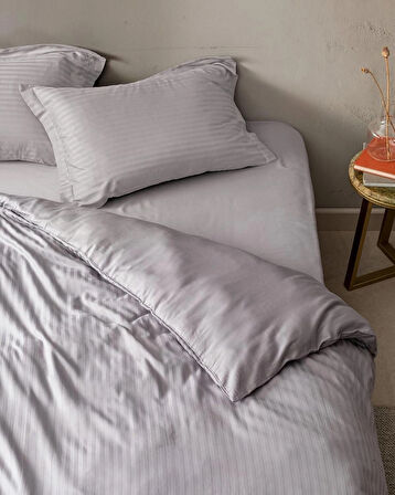 Lunera Çift Kişilik %100 Pamuk Çizgili Saten Nevresim Takımı – Koyu Gri