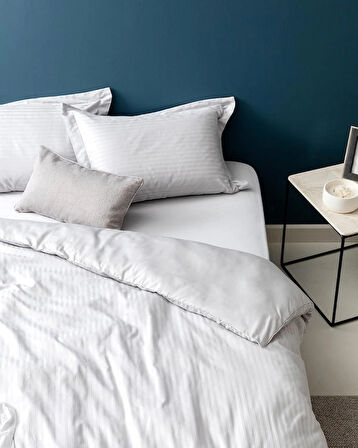 Lunera Çift Kişilik %100 Pamuk Çizgili Saten Nevresim Takımı – Açık Gri