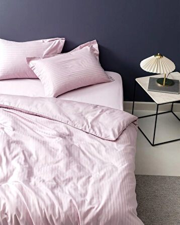 Lunera Çift Kişilik %100 Pamuk Çizgili Saten Nevresim Takımı – Pudra Pembe