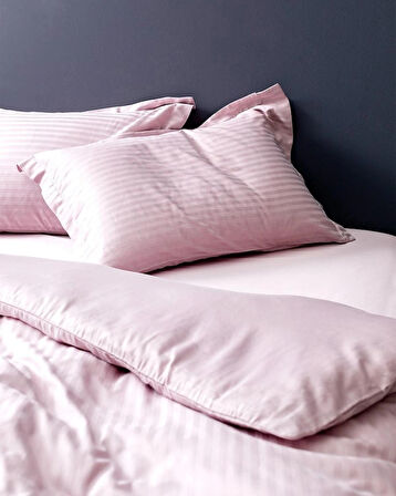 Lunera Çift Kişilik %100 Pamuk Çizgili Saten Nevresim Takımı – Pudra Pembe